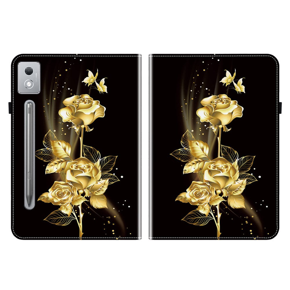 For Lenovo Tab P12 Pro 12.7 2025 / Xiaoxin Pad Pro 12.7 (2025) Leather Case Pattern Printed Stand Tablet Cover with Card Slots - Gold Butterfly Rose