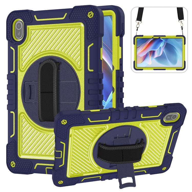 For Huawei MatePad SE 11 2024 Tablet Case Silicone+PC Shockproof Cover with Kickstand Shoulder Strap - Navy Blue + Yellow Green