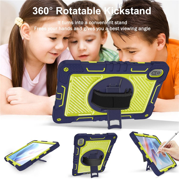 For Huawei MatePad SE 11 2024 Tablet Case Silicone+PC Shockproof Cover with Kickstand Shoulder Strap - Navy Blue + Yellow Green