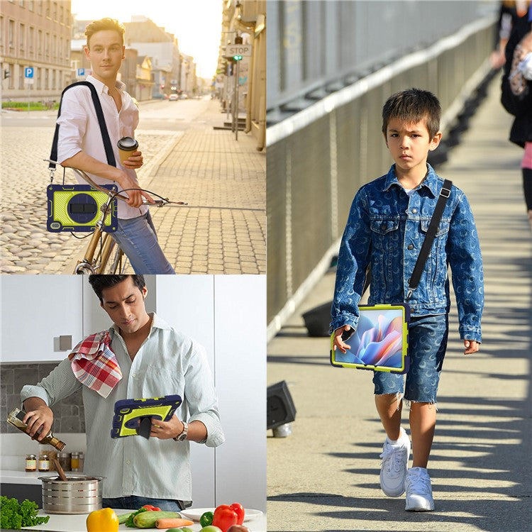 For Huawei MatePad SE 11 2024 Tablet Case Silicone+PC Shockproof Cover with Kickstand Shoulder Strap - Navy Blue + Yellow Green