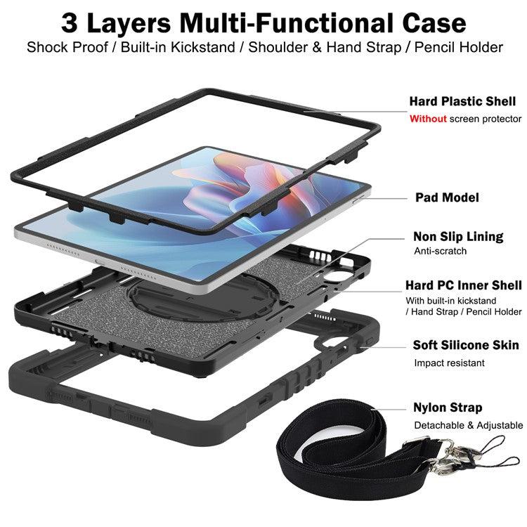 For Huawei MatePad SE 11 2024 Tablet Case Silicone+PC Shockproof Cover with Kickstand Shoulder Strap - Black