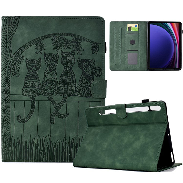 For Samsung Galaxy Tab S9 Case Cats Imprinted PU Leather Card Slots Tablet Cover - Green