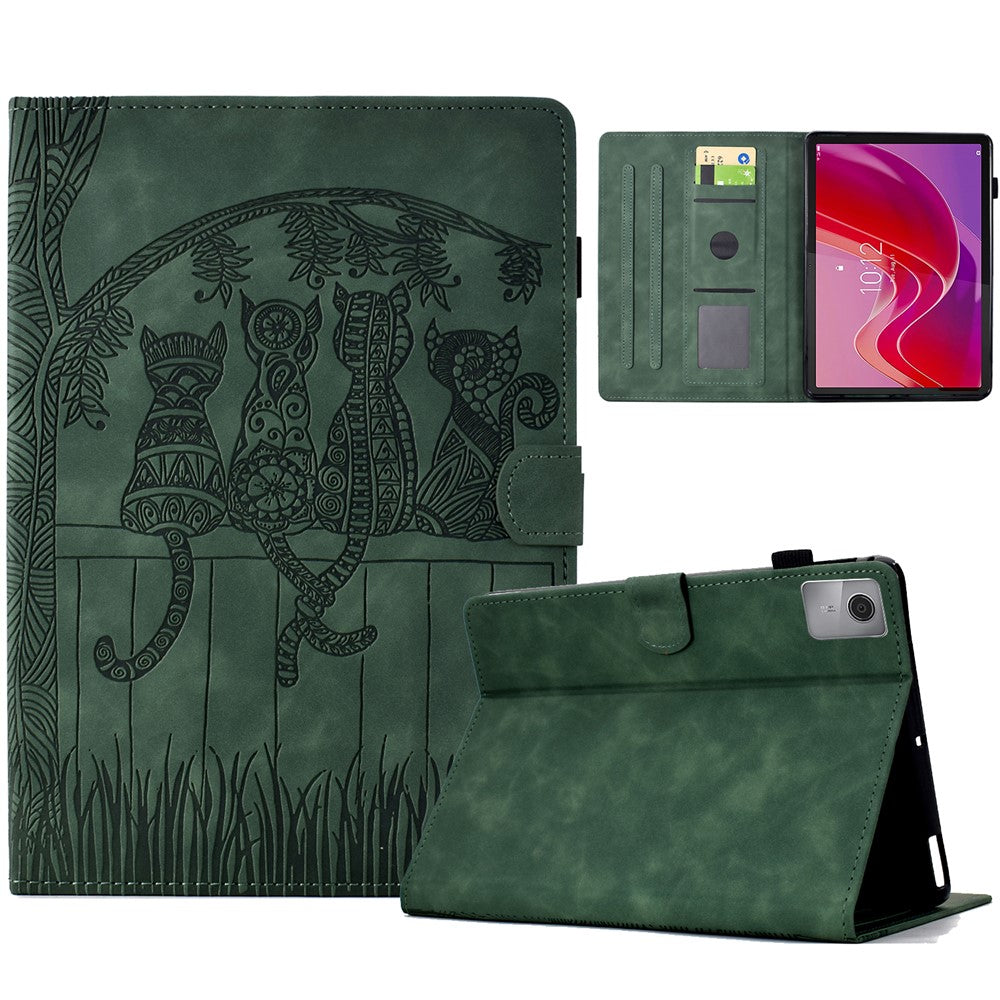 For Lenovo Tab M11 / Xiaoxin Pad 11 2024 Case Cats Imprinted PU Leather Card Slots Tablet Cover - Green