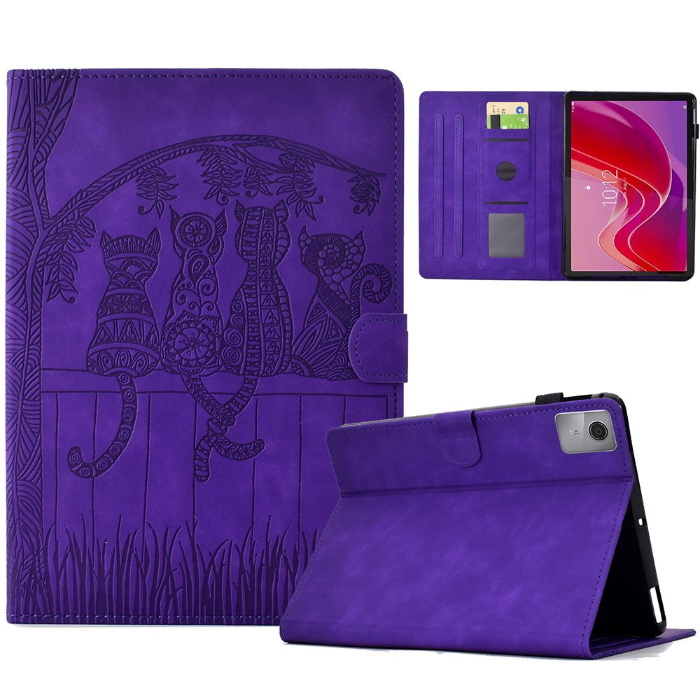For Lenovo Tab M11 / Xiaoxin Pad 11 2024 Case Cats Imprinted PU Leather Card Slots Tablet Cover - Purple