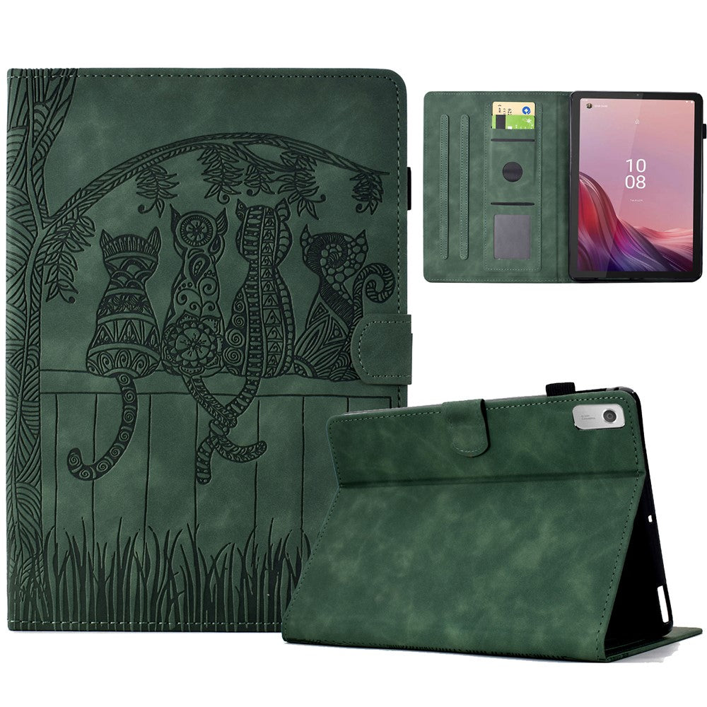 For Lenovo Tab M9 TB-310FU Case Cats Imprinted PU Leather Card Slots Tablet Cover - Green