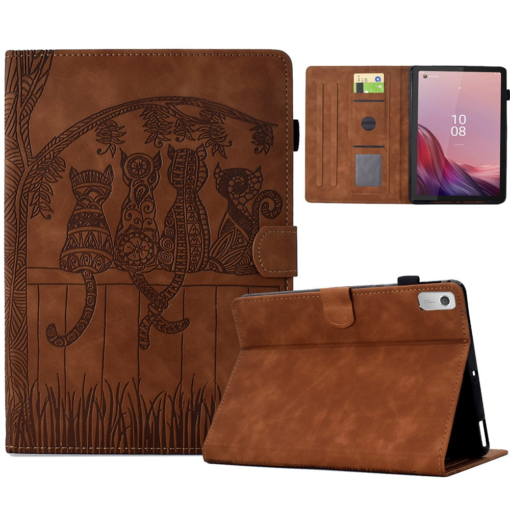 For Lenovo Tab M9 TB-310FU Case Cats Imprinted PU Leather Card Slots Tablet Cover - Brown