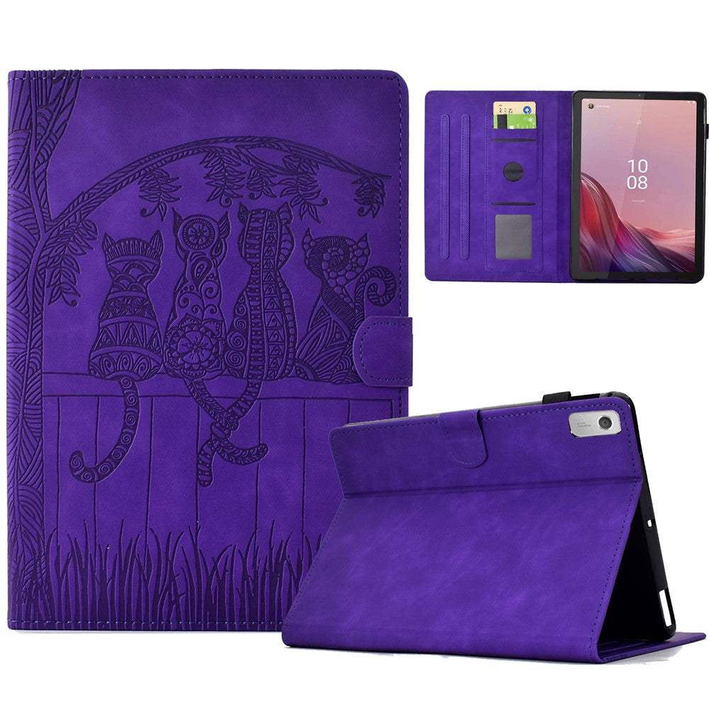 For Lenovo Tab M9 TB-310FU Case Cats Imprinted PU Leather Card Slots Tablet Cover - Purple