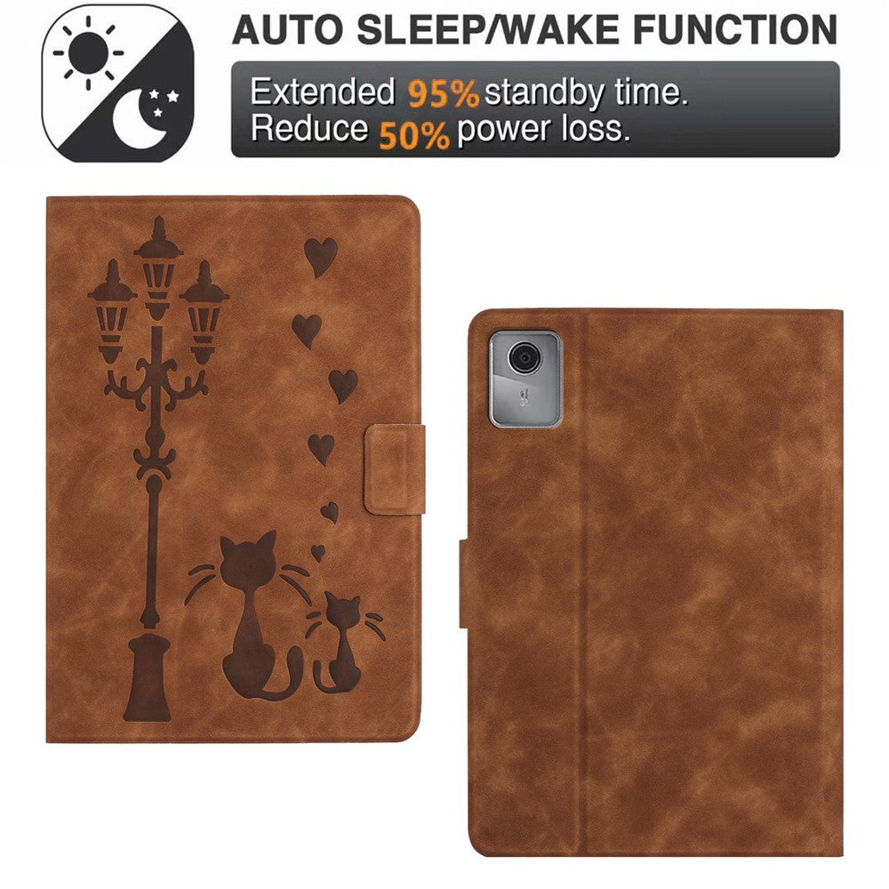 For Lenovo Tab M11 / Xiaoxin Pad 11 2024 TB-330FU Case Couple Cat Imprinted Microfiber Leather Smart Tablet Cover - Brown