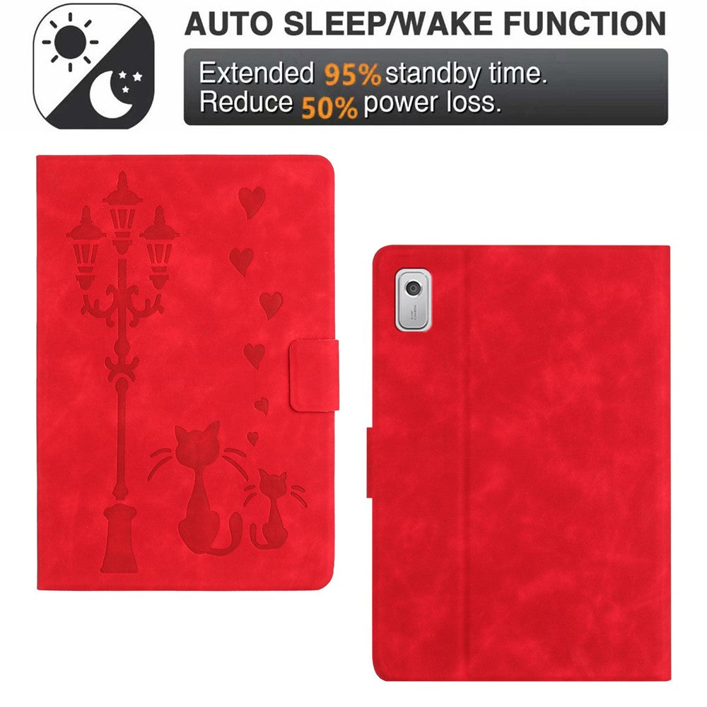 For Lenovo Tab M9 TB-310FU Case Couple Cat Imprinted Microfiber Leather Smart Tablet Cover - Red
