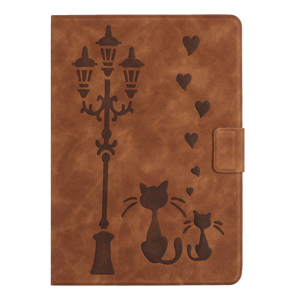 For Lenovo Tab M9 TB-310FU Case Couple Cat Imprinted Microfiber Leather Smart Tablet Cover - Brown