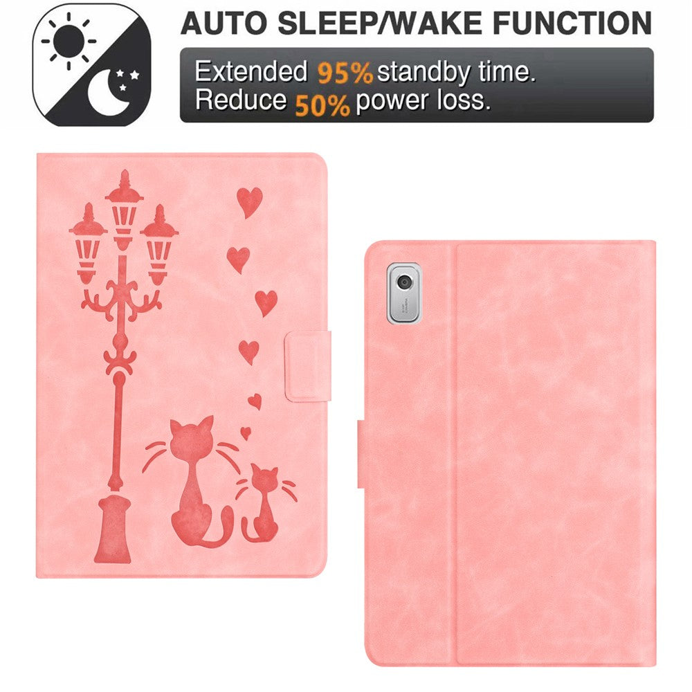 For Lenovo Tab M9 TB-310FU Case Couple Cat Imprinted Microfiber Leather Smart Tablet Cover - Pink