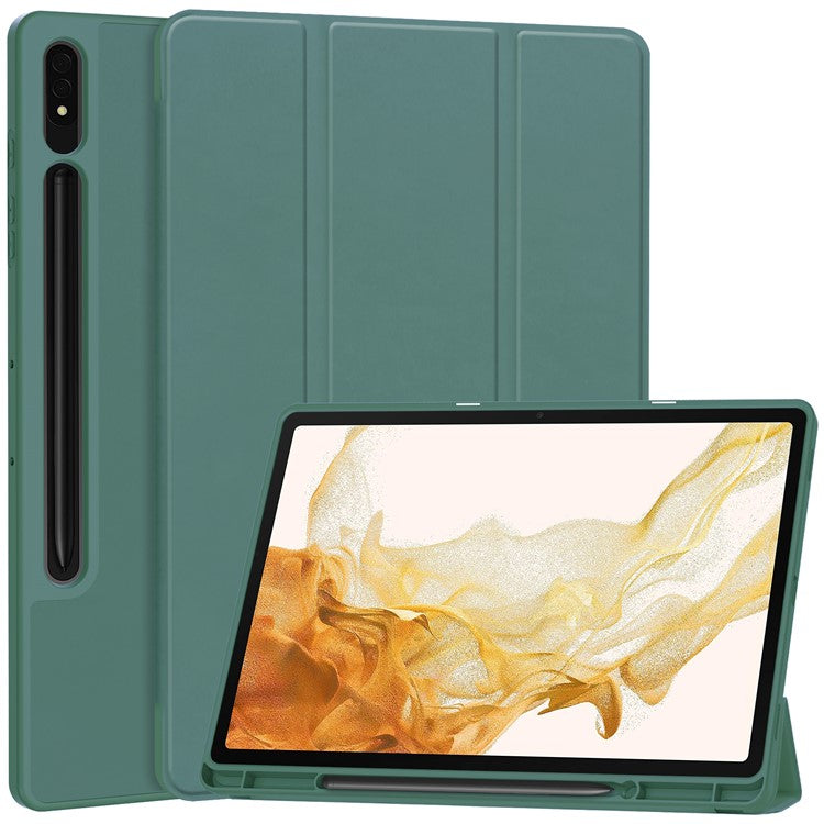 For Samsung Galaxy Tab S10+ Stand Case Shock-Absorbent Leather Tablet Cover with Pen Slot - Blackish Green