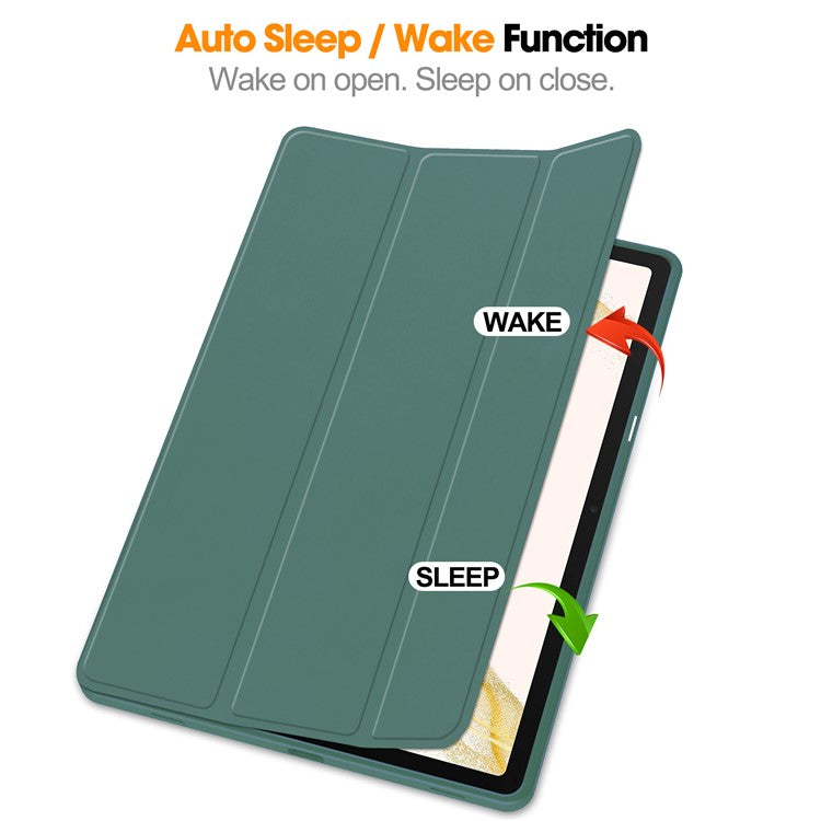 For Samsung Galaxy Tab S10+ Stand Case Shock-Absorbent Leather Tablet Cover with Pen Slot - Blackish Green