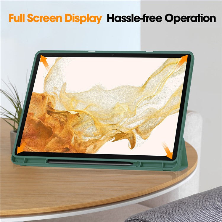 For Samsung Galaxy Tab S10+ Stand Case Shock-Absorbent Leather Tablet Cover with Pen Slot - Blackish Green