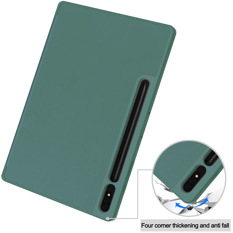 For Samsung Galaxy Tab S10+ Stand Case Shock-Absorbent Leather Tablet Cover with Pen Slot - Blackish Green