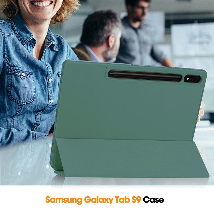 For Samsung Galaxy Tab S10+ Stand Case Shock-Absorbent Leather Tablet Cover with Pen Slot - Blackish Green