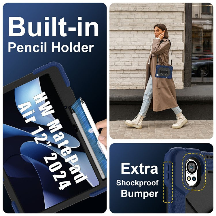 For Huawei MatePad Air (2024) Case Kickstand Silicone+PC Tablet Cover with Shoulder Strap - Navy Blue / Black
