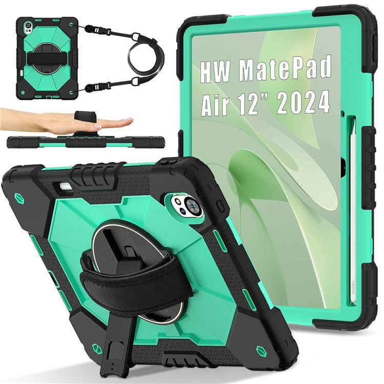 For Huawei MatePad Air (2024) Case Kickstand Silicone+PC Tablet Cover with Shoulder Strap - Black / Mint Green