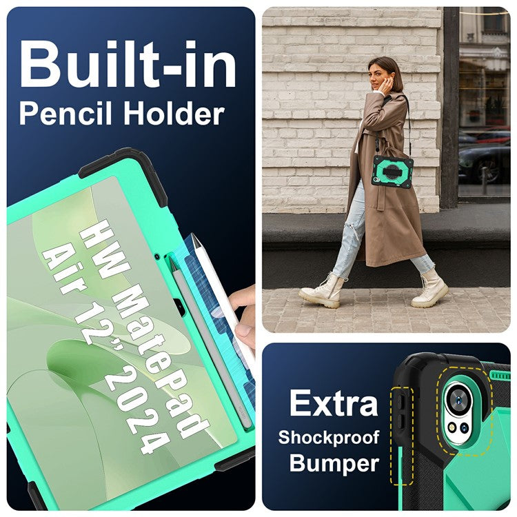 For Huawei MatePad Air (2024) Case Kickstand Silicone+PC Tablet Cover with Shoulder Strap - Black / Mint Green