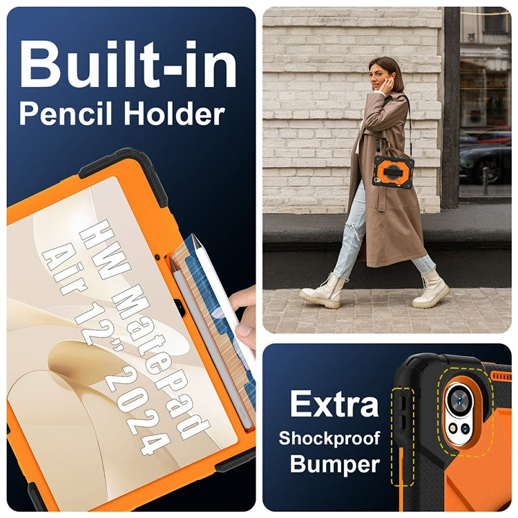 For Huawei MatePad Air (2024) Case Kickstand Silicone+PC Tablet Cover with Shoulder Strap - Black / Orange