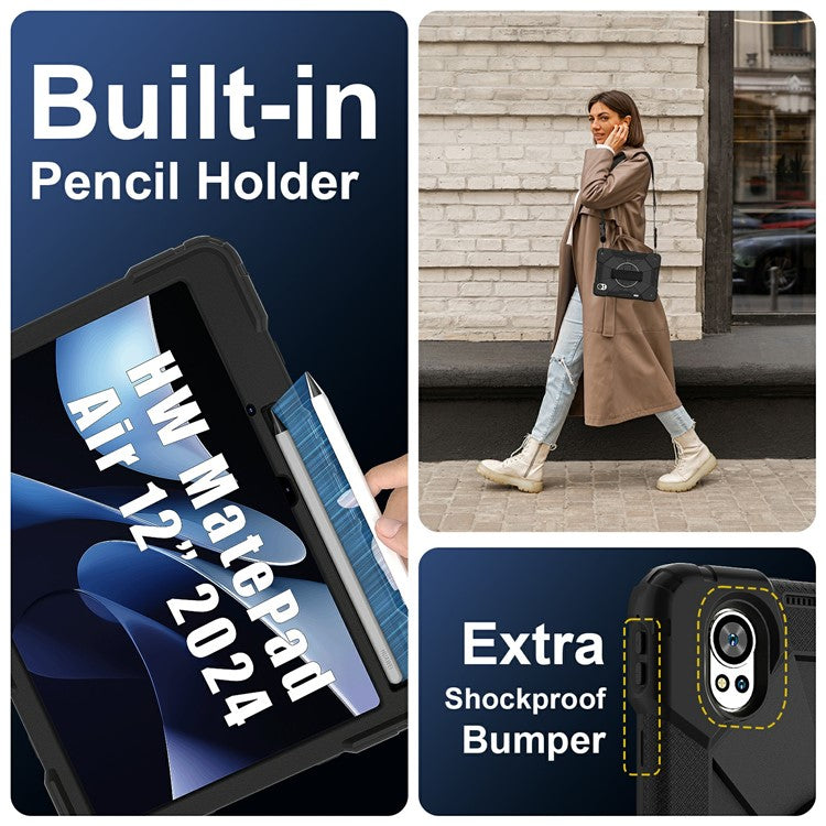 For Huawei MatePad Air (2024) Case Kickstand Silicone+PC Tablet Cover with Shoulder Strap - Black / Black