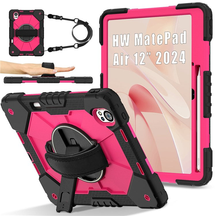 For Huawei MatePad Air (2024) Case Kickstand Silicone+PC Tablet Cover with Shoulder Strap - Black / Rose