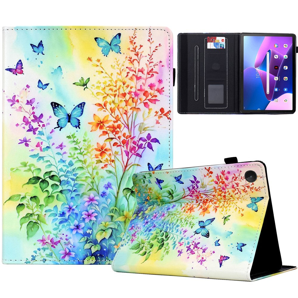 For Lenovo M10 Plus Case Pattern Printing Card Holder Leather Tablet Stand Cover - Flowers and Butterflies