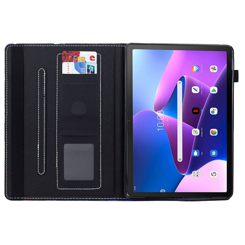 For Lenovo M10 Plus Case Pattern Printing Card Holder Leather Tablet Stand Cover - Tiger