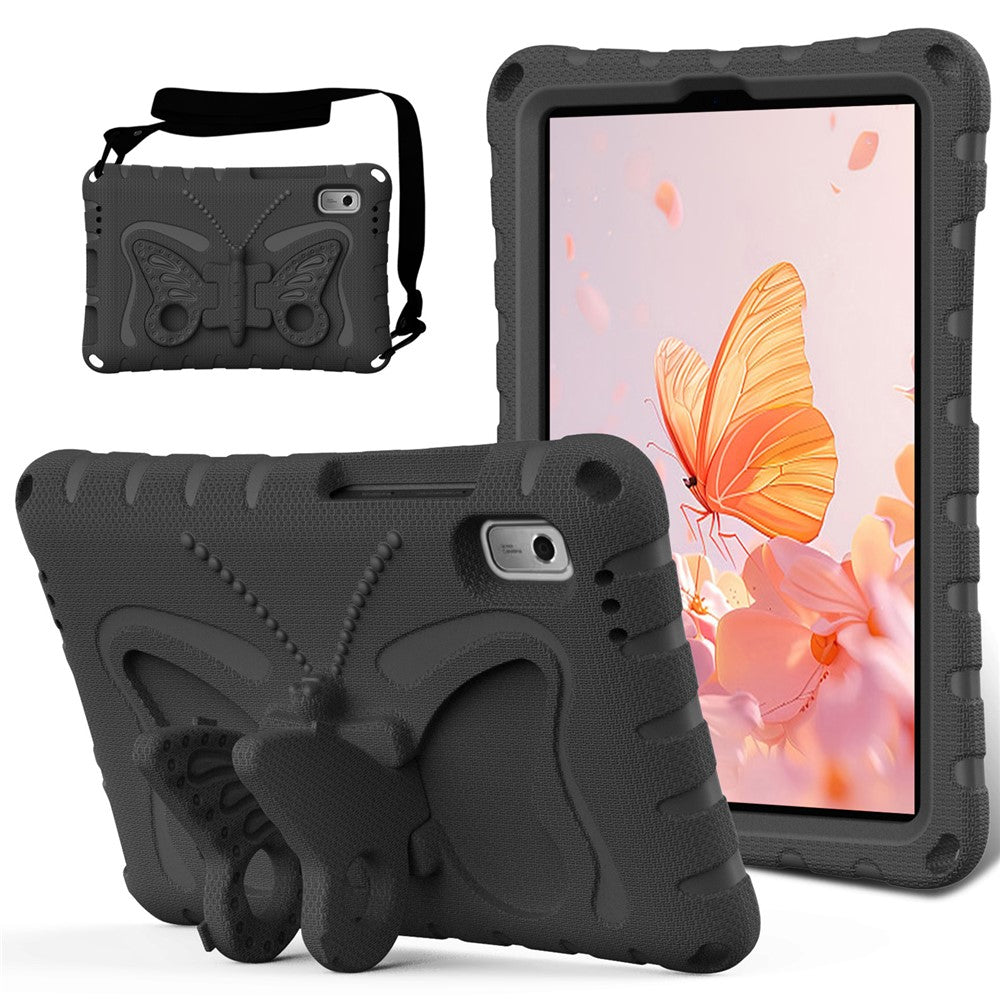 For Lenovo Tab M9 Case Butterfly Kickstand EVA Tablet Cover with Shoulder Strap - Black