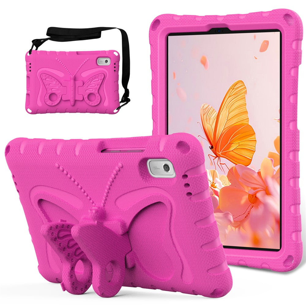 For Lenovo Tab M9 Case Butterfly Kickstand EVA Tablet Cover with Shoulder Strap - Rose