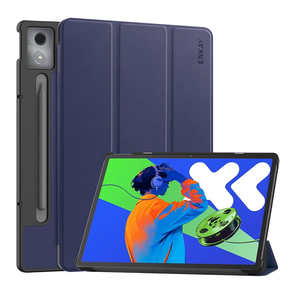 For Lenovo Xiaoxin Pad Pro 12.7 (2025) Trifold Stand Cover ENKAY HAT PRINCE PU Leather+PC Tablet Case with Auto Wake / Sleep - Dark Blue