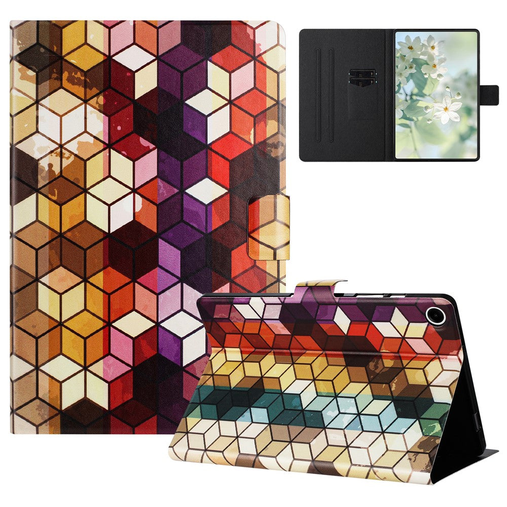 For Lenovo Tab M10 Plus (3rd Gen) TB-128F Case Pattern Printed Stand Litchi Texture Leather Tablet Cover with Card Slots - Block