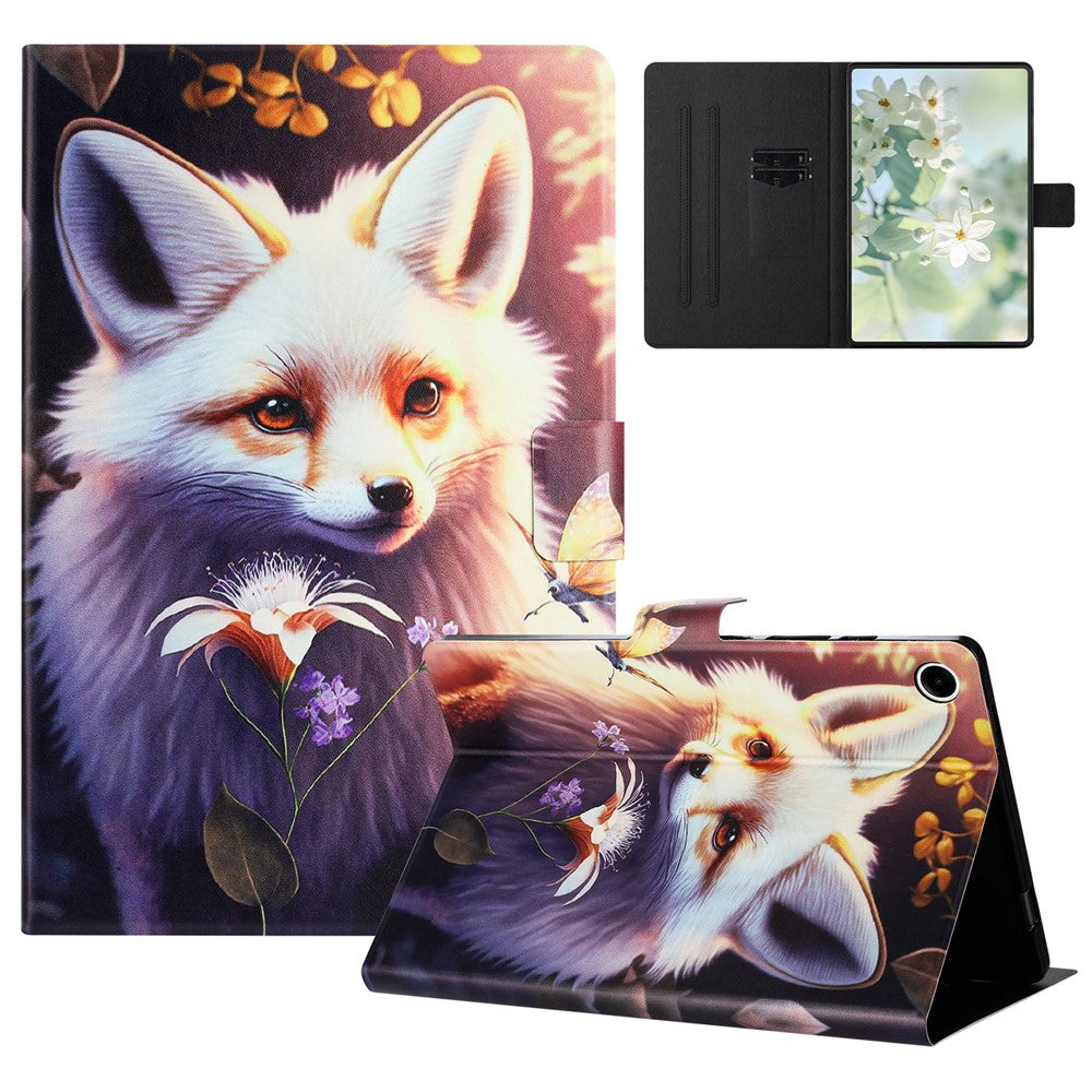For Lenovo Tab M10 Plus (3rd Gen) TB-128F Case Pattern Printed Stand Litchi Texture Leather Tablet Cover with Card Slots - Fox