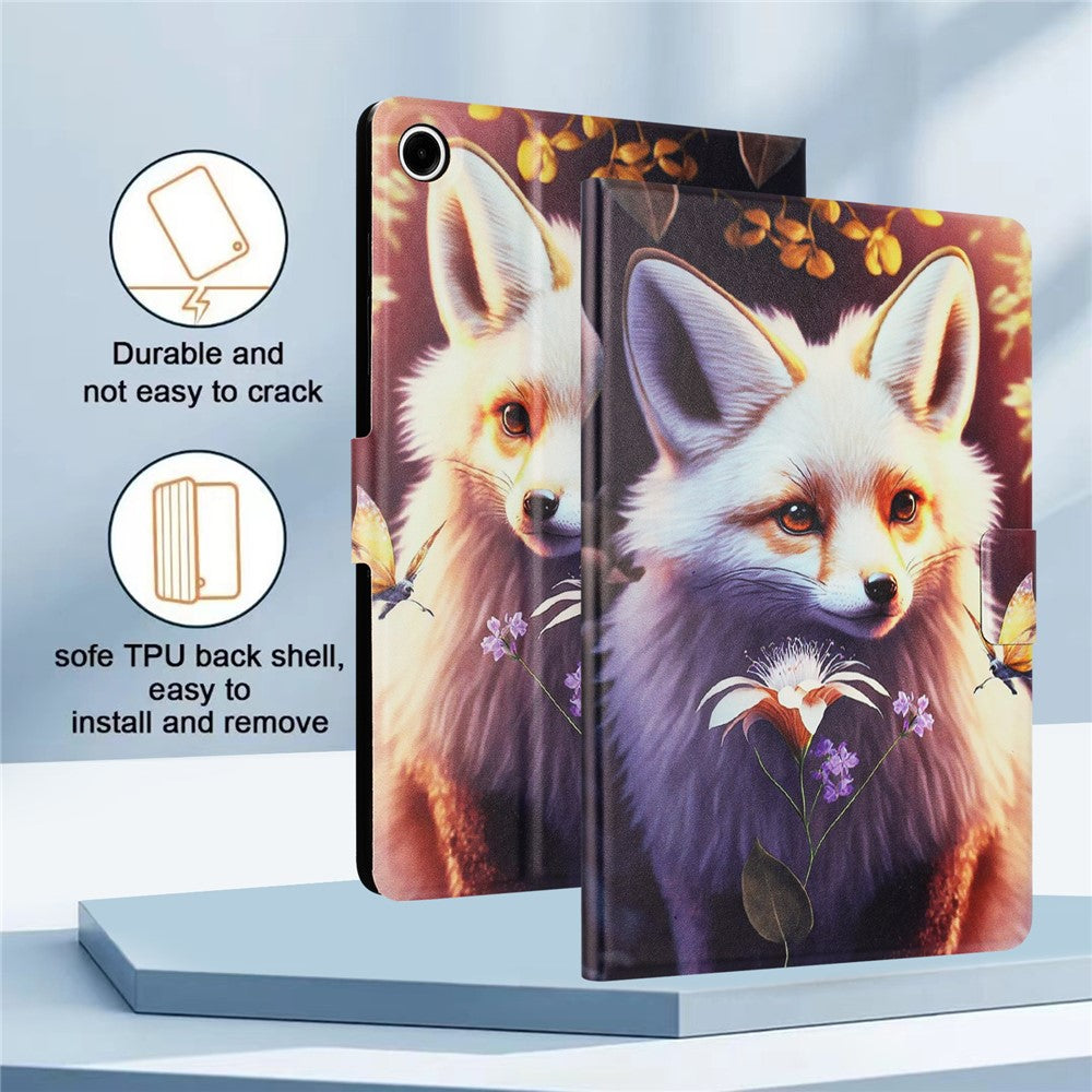 For Lenovo Tab M10 Plus (3rd Gen) TB-128F Case Pattern Printed Stand Litchi Texture Leather Tablet Cover with Card Slots - Fox