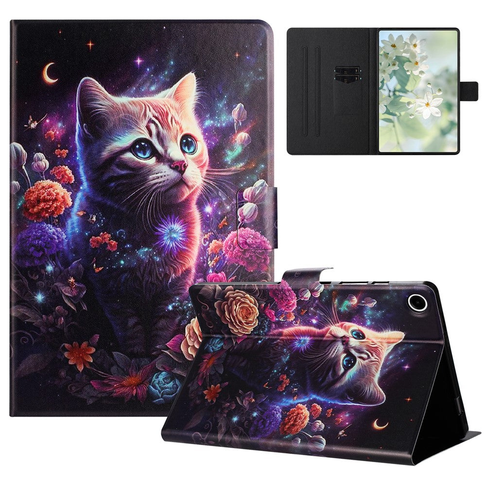 For Lenovo Tab M10 Plus (3rd Gen) TB-128F Case Pattern Printed Stand Litchi Texture Leather Tablet Cover with Card Slots - Cat