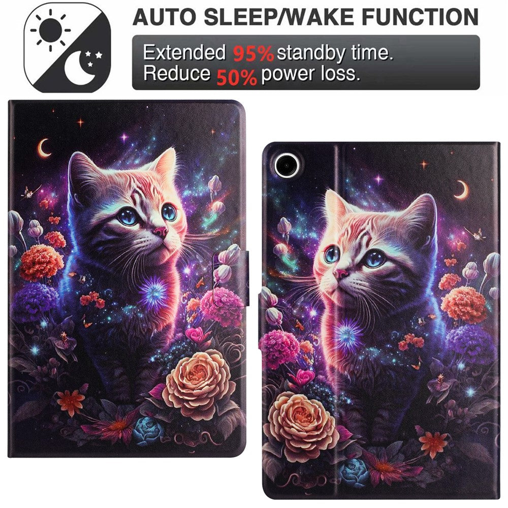 For Lenovo Tab M10 Plus (3rd Gen) TB-128F Case Pattern Printed Stand Litchi Texture Leather Tablet Cover with Card Slots - Cat