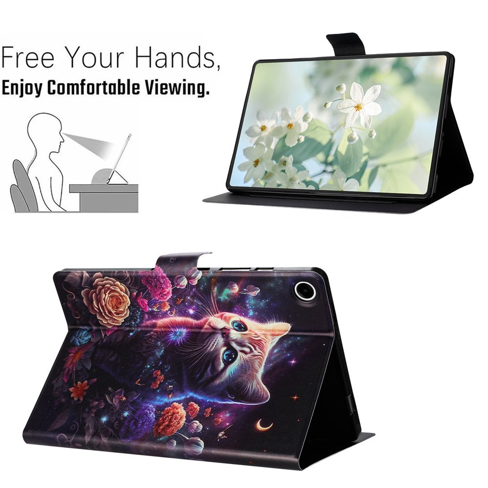 For Lenovo Tab M10 Plus (3rd Gen) TB-128F Case Pattern Printed Stand Litchi Texture Leather Tablet Cover with Card Slots - Cat