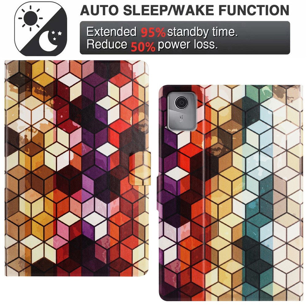 For Lenovo Tab M11 TB-330FU Case Pattern Printed Stand Litchi Texture Leather Tablet Cover with Card Slots - Block