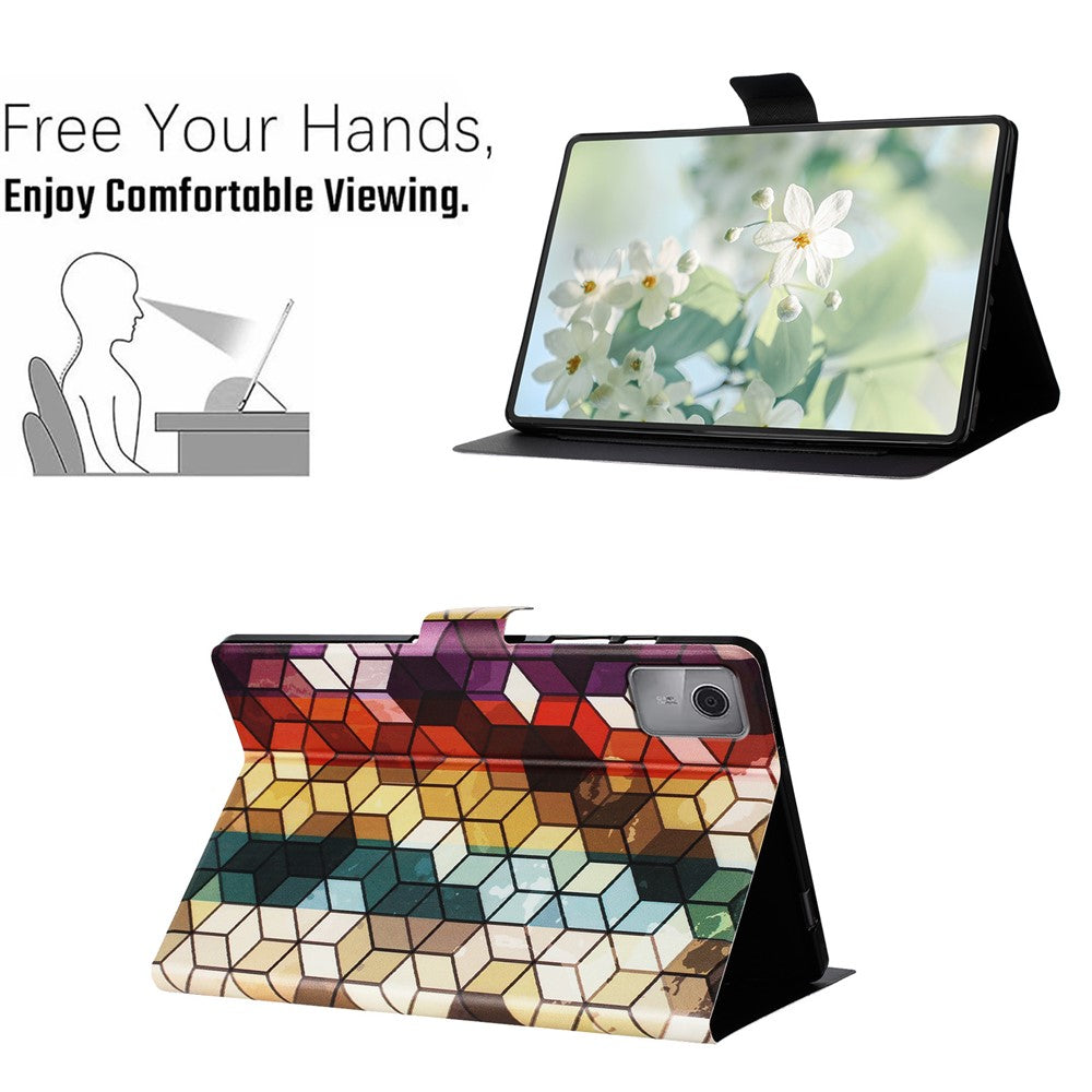 For Lenovo Tab M11 TB-330FU Case Pattern Printed Stand Litchi Texture Leather Tablet Cover with Card Slots - Block