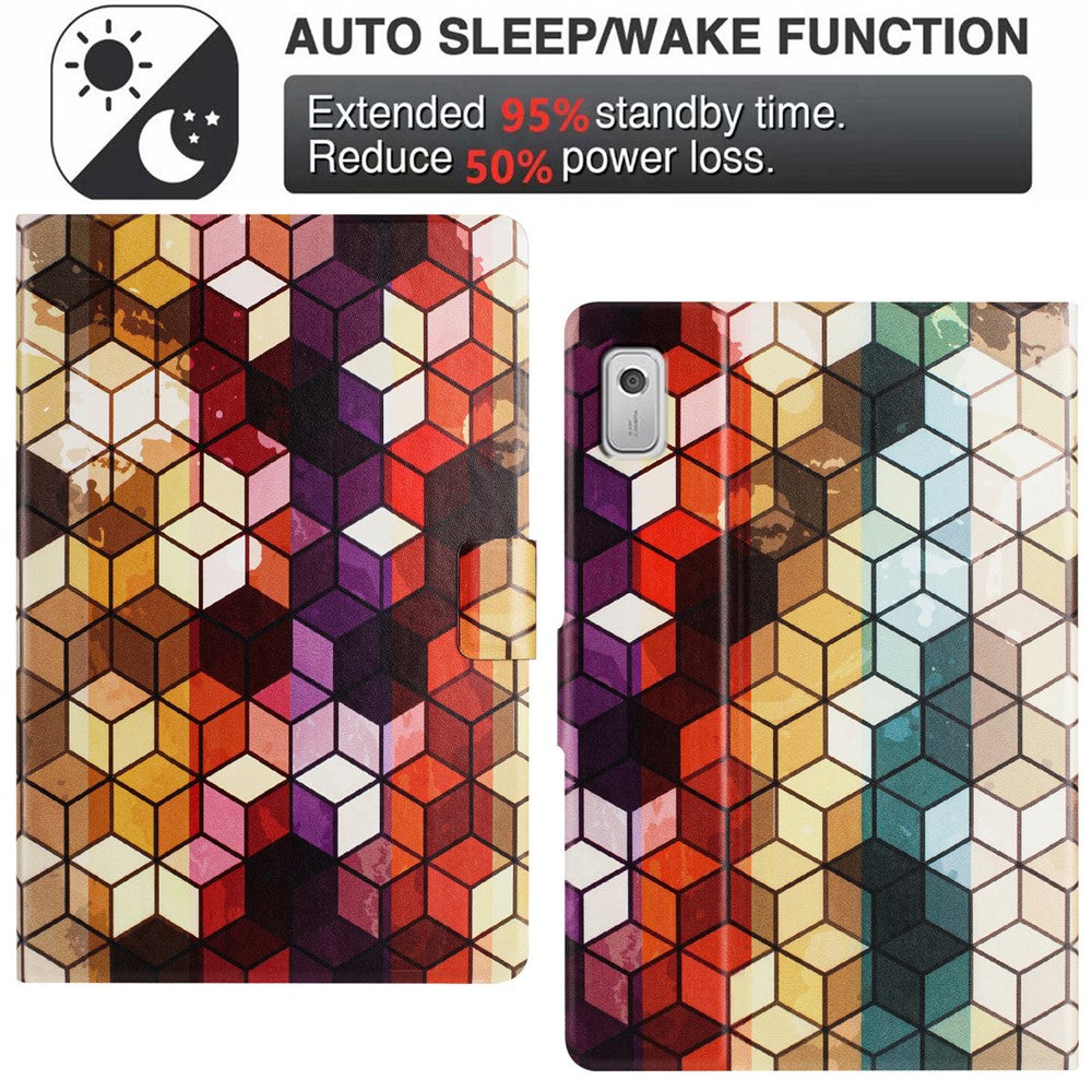 For Lenovo Tab M9 TB-310FU Case Pattern Printed Stand Litchi Texture Leather Tablet Cover with Card Slots - Block