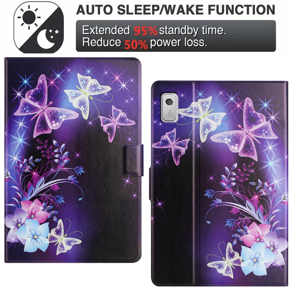 For Lenovo Tab M9 TB-310FU Case Pattern Printed Stand Litchi Texture Leather Tablet Cover with Card Slots - Purple Butterfly