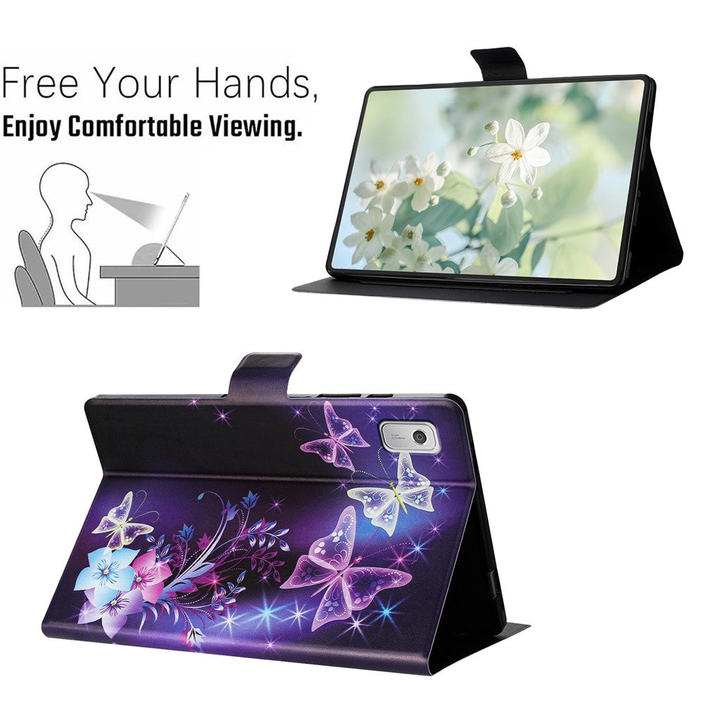 For Lenovo Tab M9 TB-310FU Case Pattern Printed Stand Litchi Texture Leather Tablet Cover with Card Slots - Purple Butterfly