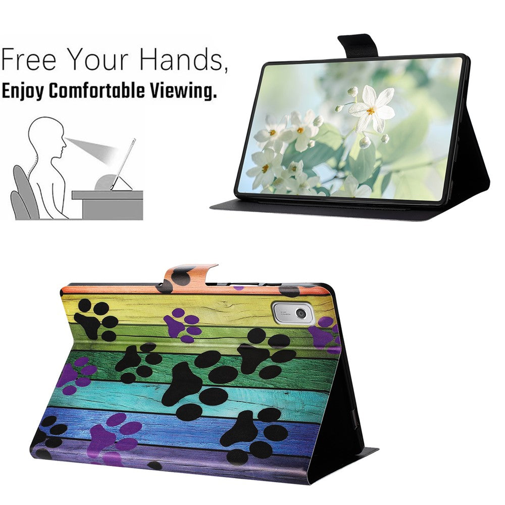 For Lenovo Tab M9 TB-310FU Case Pattern Printed Stand Litchi Texture Leather Tablet Cover with Card Slots - Cat Claw