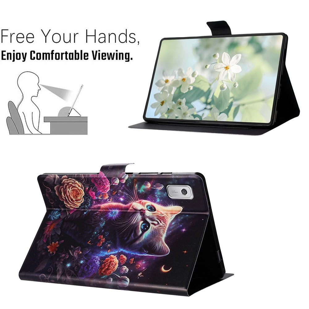 For Lenovo Tab M9 TB-310FU Case Pattern Printed Stand Litchi Texture Leather Tablet Cover with Card Slots - Cat