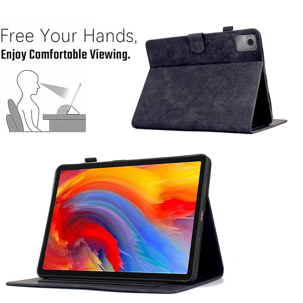 For Lenovo Tab M11 / Xiaoxin Pad 11 2024 Case Flower Bird Imprinted Card Holder Leather Tablet Cover - Black