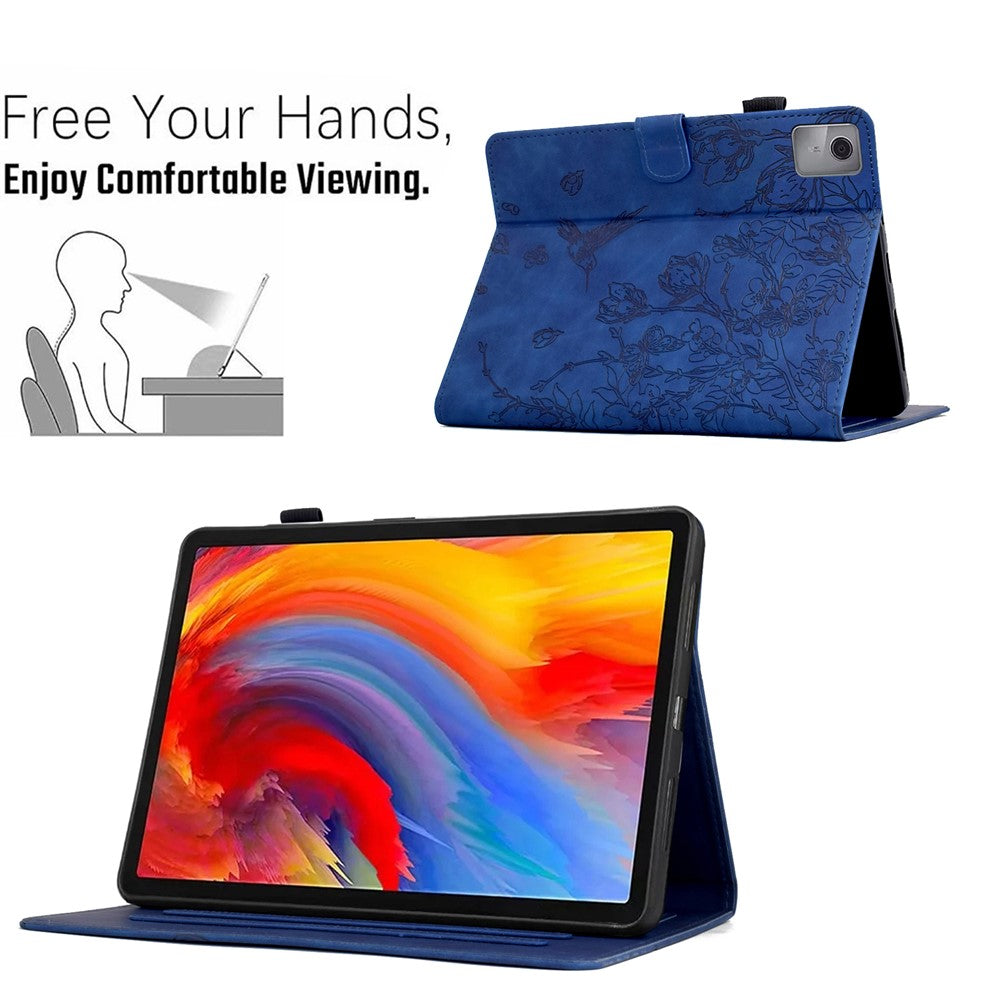 For Lenovo Tab M11 / Xiaoxin Pad 11 2024 Case Flower Bird Imprinted Card Holder Leather Tablet Cover - Dark Blue