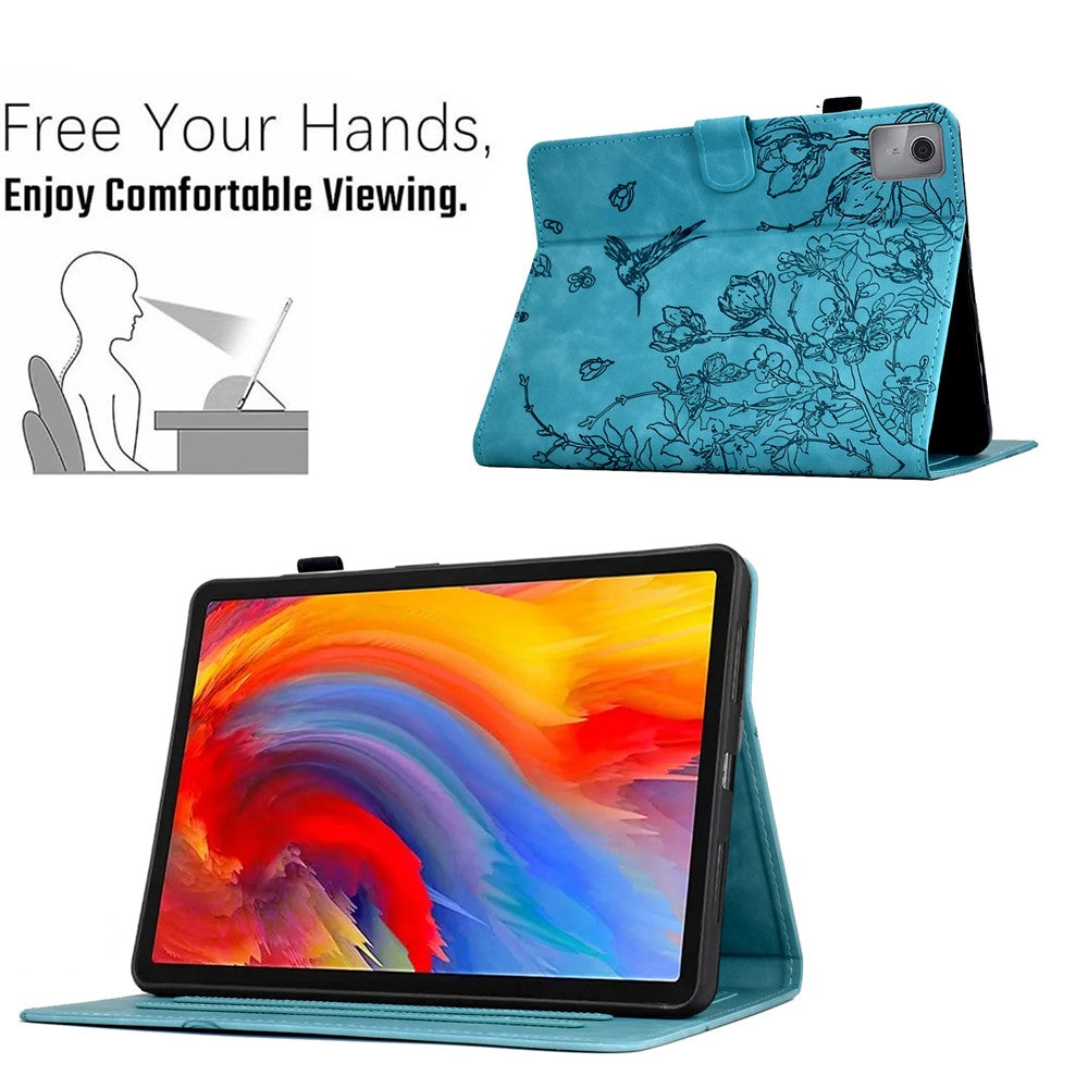 For Lenovo Tab M11 / Xiaoxin Pad 11 2024 Case Flower Bird Imprinted Card Holder Leather Tablet Cover - Baby Blue