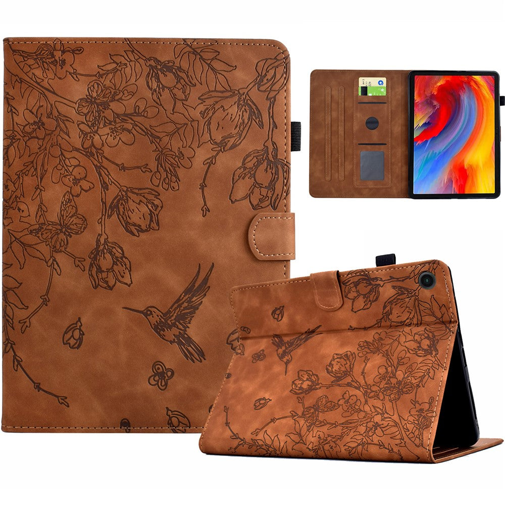 For Lenovo Tab M10 Plus (3rd Gen) Case Flower Bird Imprinted Card Holder Leather Tablet Cover - Brown