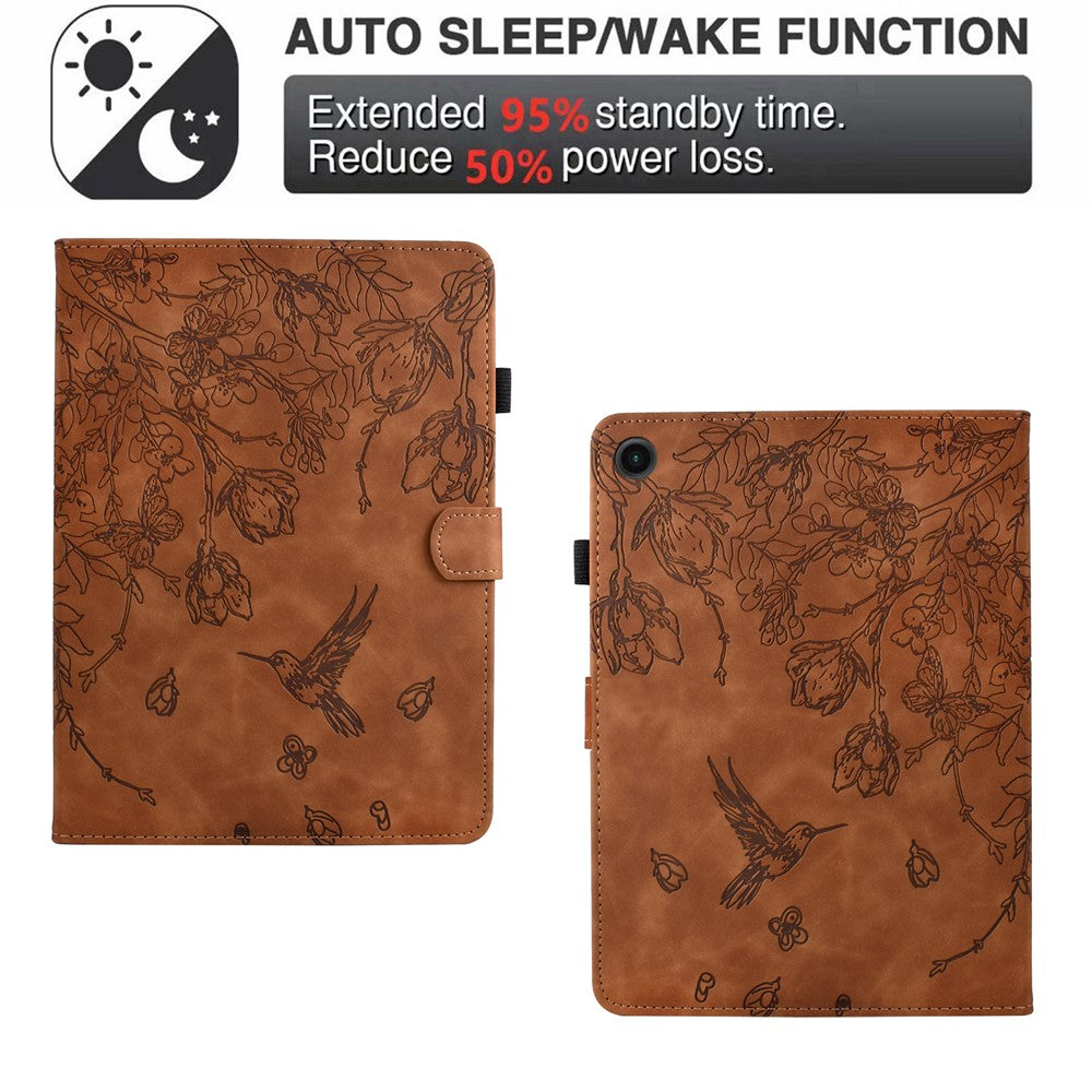 For Lenovo Tab M10 Plus (3rd Gen) Case Flower Bird Imprinted Card Holder Leather Tablet Cover - Brown