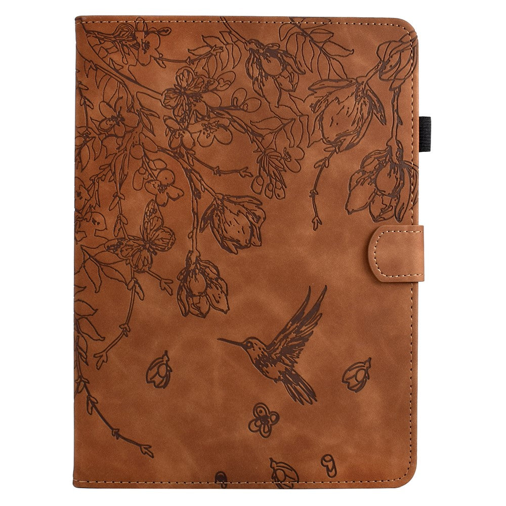 For Lenovo Tab M10 Plus (3rd Gen) Case Flower Bird Imprinted Card Holder Leather Tablet Cover - Brown